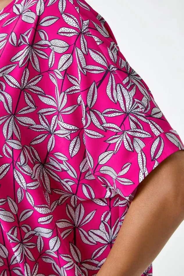 Magenta Leaf Print Oversized Top Women Roman Tops