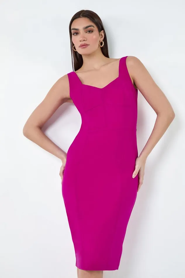 Magenta Plain Corset Detail Stretch Bodycon Dress Women Roman Dresses