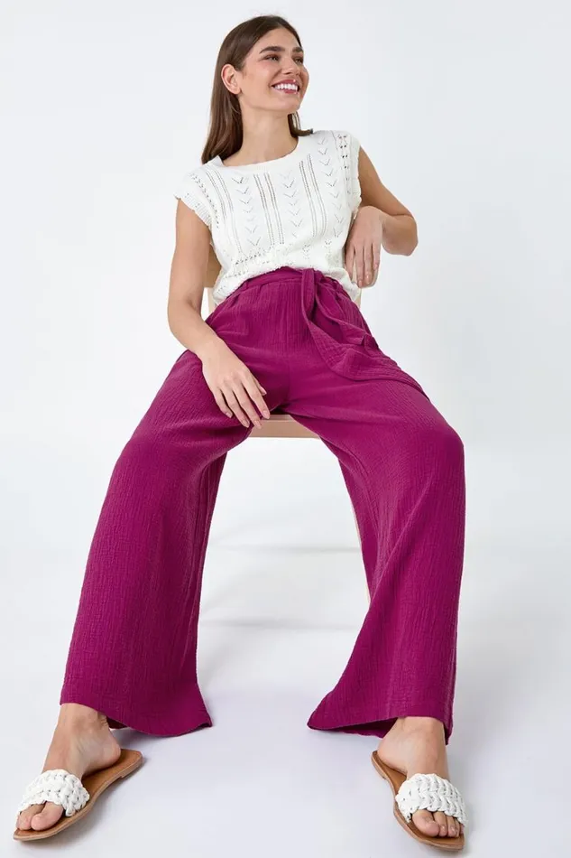 Magenta Textured Cotton Wide Leg Trousers Women Roman Trousers