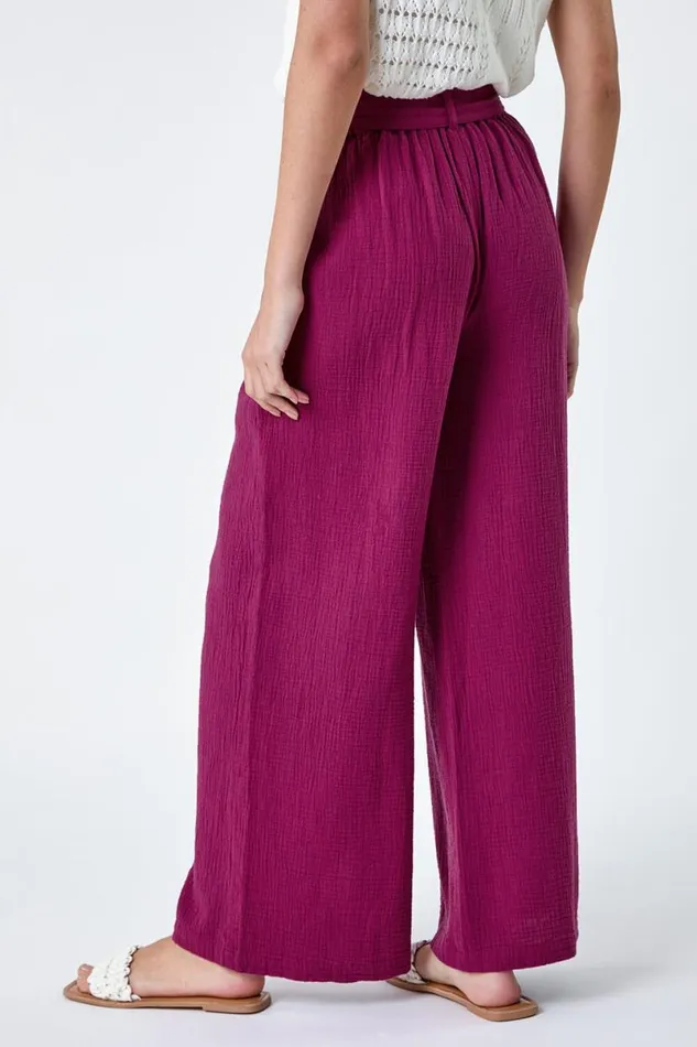 Magenta Textured Cotton Wide Leg Trousers Women Roman Trousers