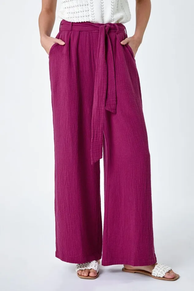 Magenta Textured Cotton Wide Leg Trousers Women Roman Trousers