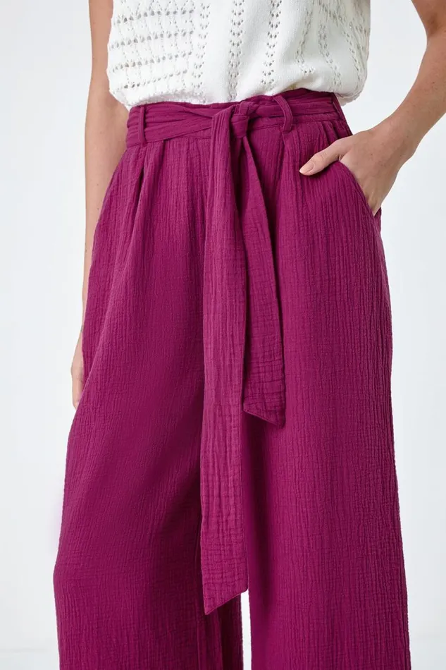 Magenta Textured Cotton Wide Leg Trousers Women Roman Trousers