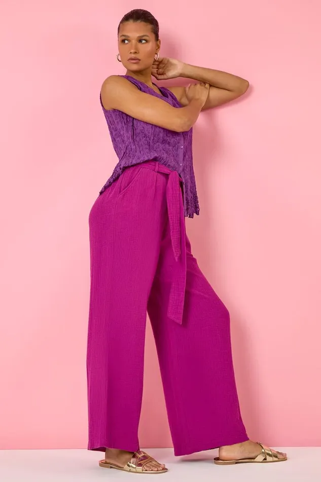 Magenta Textured Cotton Wide Leg Trousers Women Roman Trousers