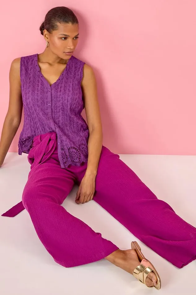 Magenta Textured Cotton Wide Leg Trousers Women Roman Trousers