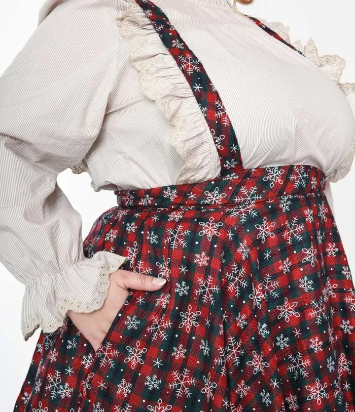 Magnolia Place Snowflake Red Tartan Plaid Pinafore Swing Skirt ClothingPlus Unique Vintage Skirts