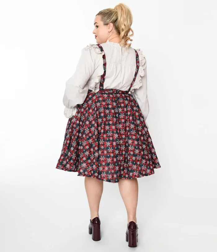 Magnolia Place Snowflake Red Tartan Plaid Pinafore Swing Skirt ClothingPlus Unique Vintage Skirts