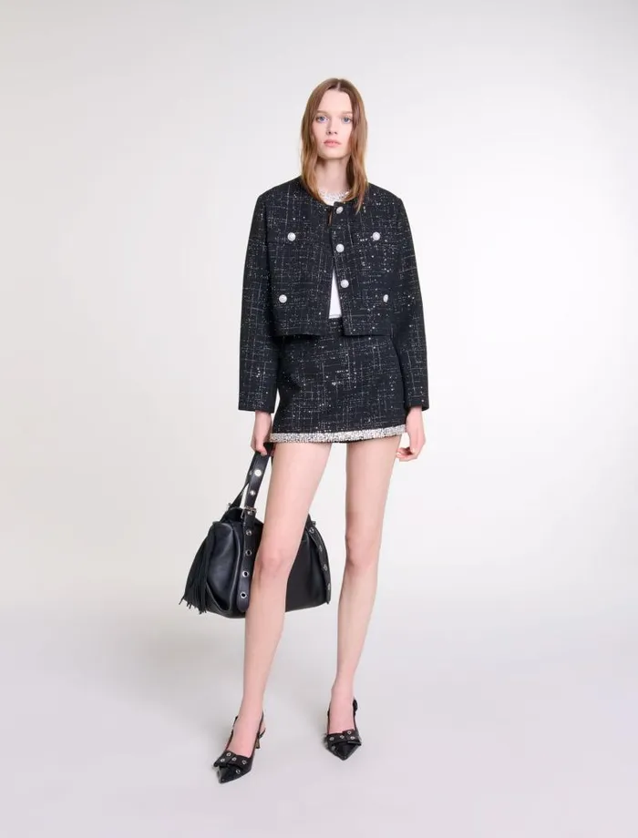 Maje Blazers and Jackets Womens Short Tweed Jacket Black