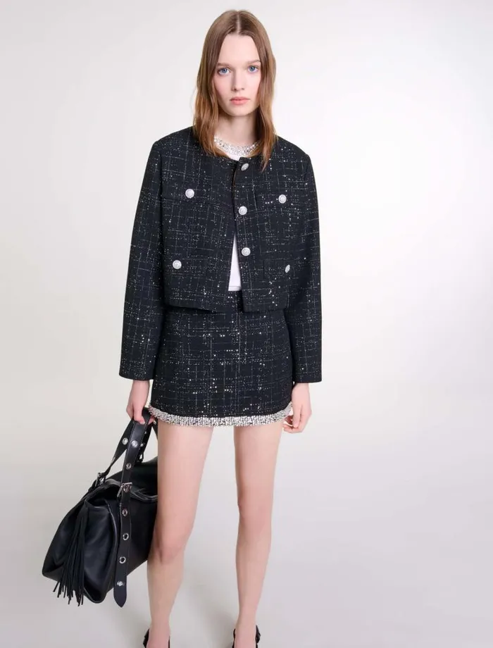Maje Blazers and Jackets Womens Short Tweed Jacket Black