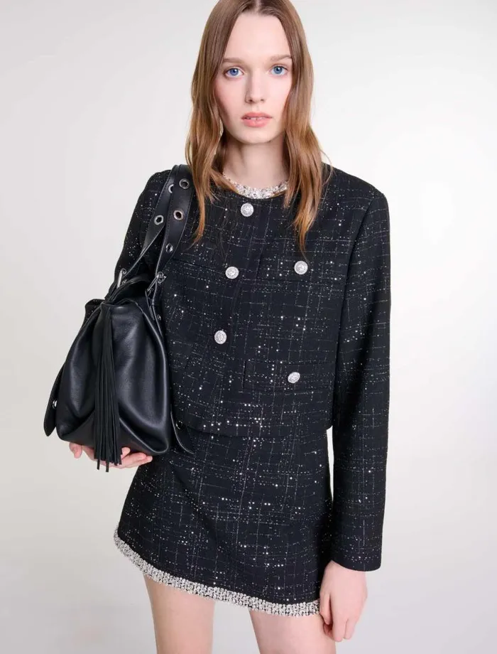 Maje Blazers and Jackets Womens Short Tweed Jacket Black