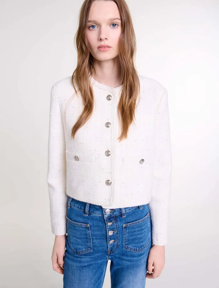 Maje Blazers and Jackets Womens Tweed Jacket Ecru