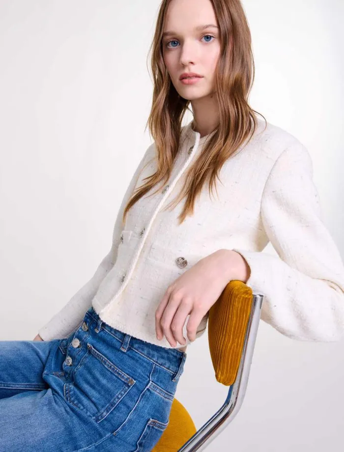 Maje Blazers and Jackets Womens Tweed Jacket Ecru