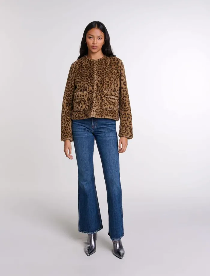 Maje Coats Womens Cropped Faux Fur Jacket Leopard Print