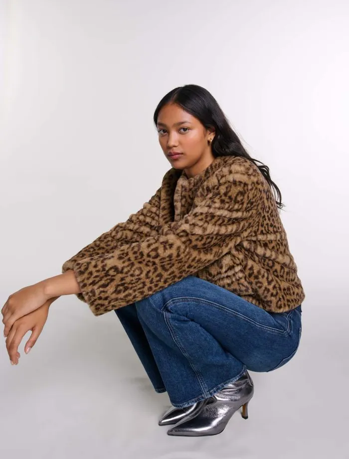 Maje Coats Womens Cropped Faux Fur Jacket Leopard Print