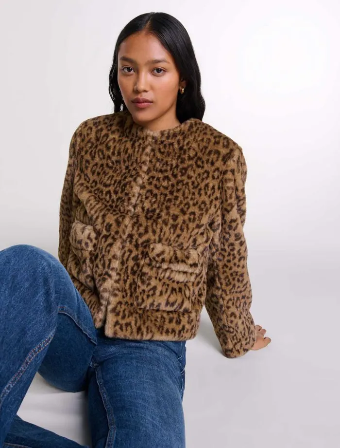 Maje Coats Womens Cropped Faux Fur Jacket Leopard Print
