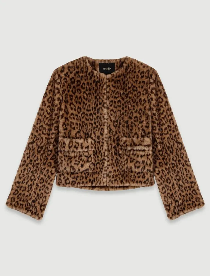 Maje Coats Womens Cropped Faux Fur Jacket Leopard Print
