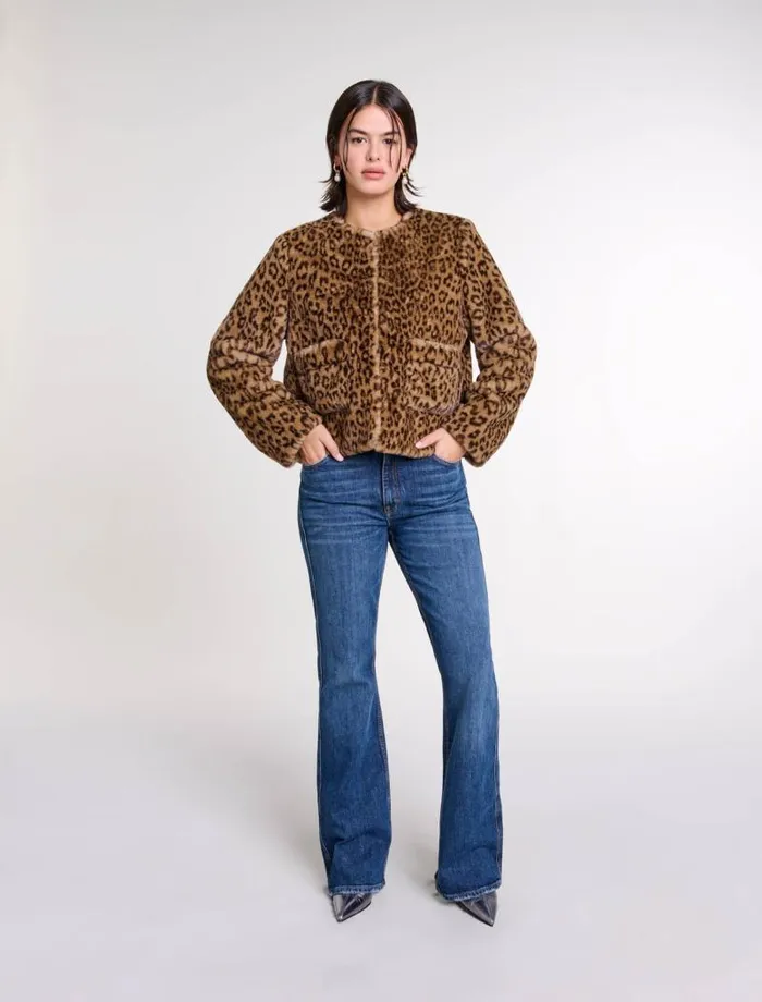 Maje Coats Womens Cropped Faux Fur Jacket Leopard Print