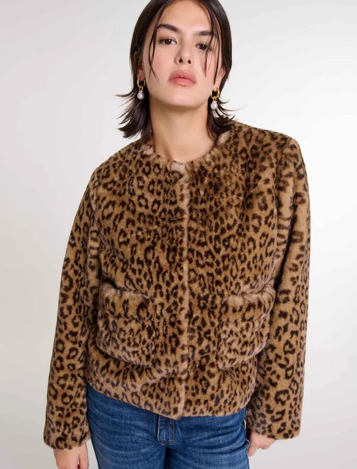 Maje Coats Womens Cropped Faux Fur Jacket Leopard Print