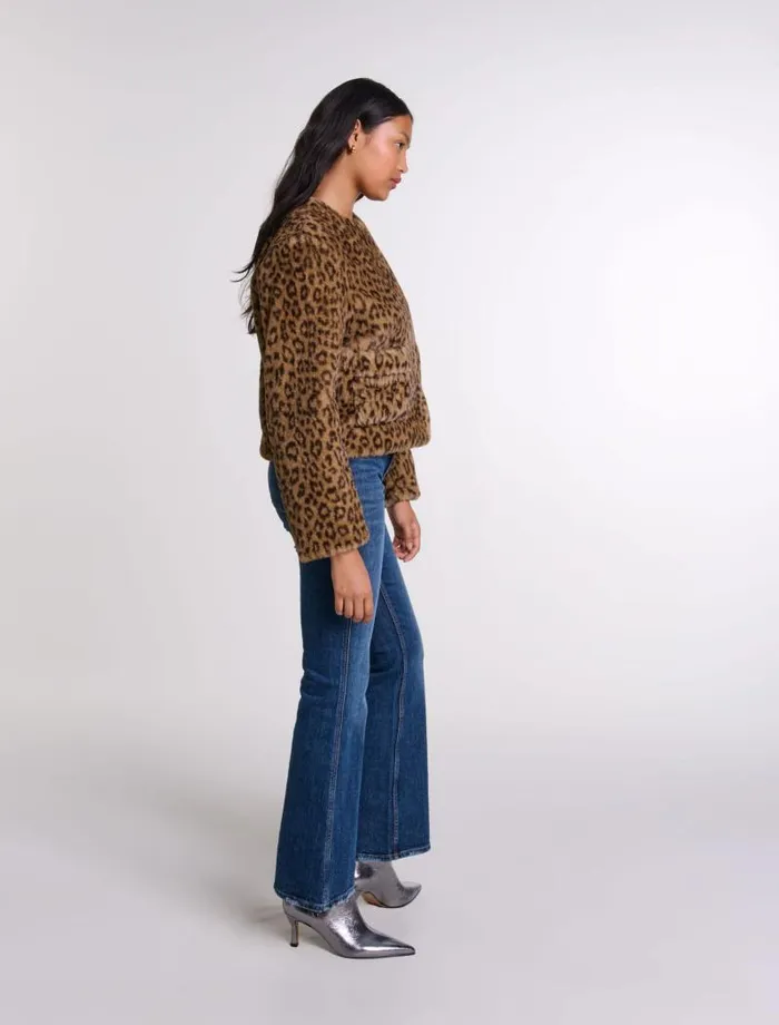 Maje Coats Womens Cropped Faux Fur Jacket Leopard Print