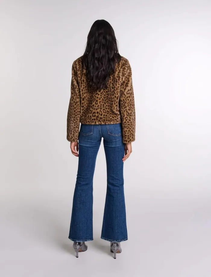 Maje Coats Womens Cropped Faux Fur Jacket Leopard Print