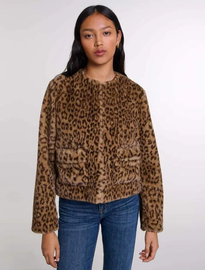 Maje Coats Womens Cropped Faux Fur Jacket Leopard Print