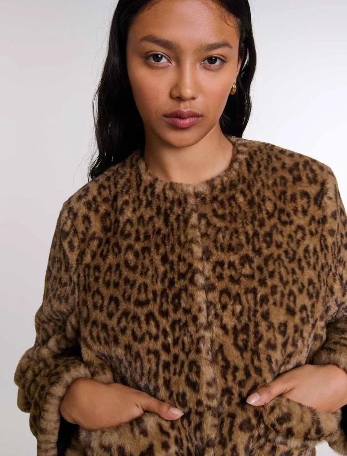 Maje Coats Womens Cropped Faux Fur Jacket Leopard Print