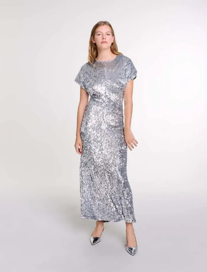 Maje Dresses Womens Sequin Maxi Dress Silver
