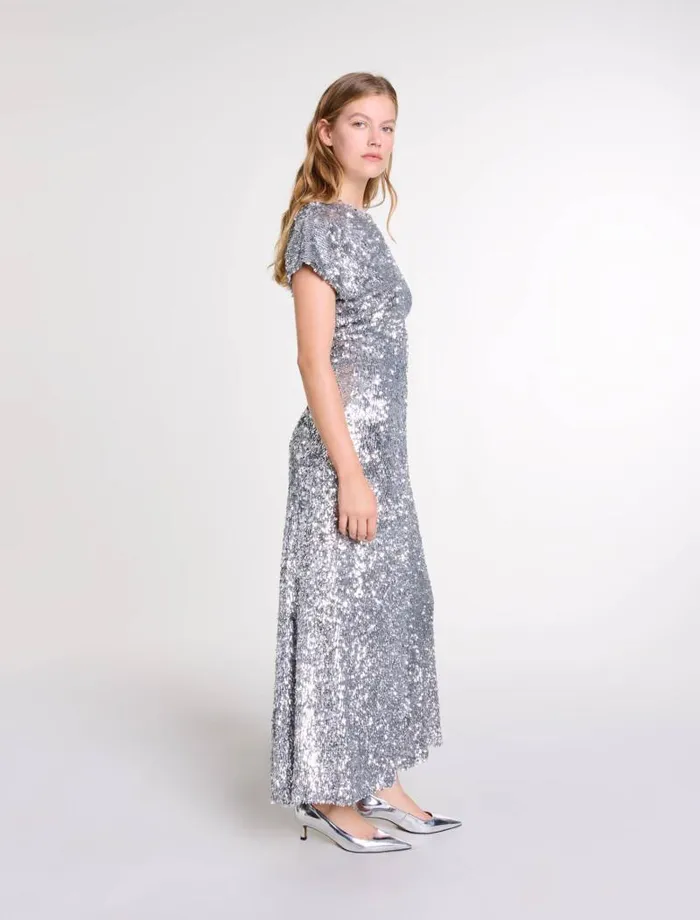 Maje Dresses Womens Sequin Maxi Dress Silver