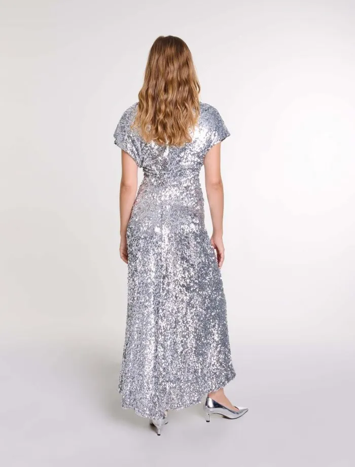 Maje Dresses Womens Sequin Maxi Dress Silver