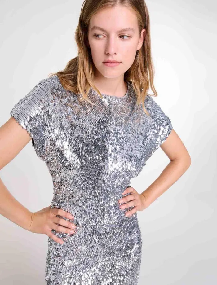 Maje Dresses Womens Sequin Maxi Dress Silver