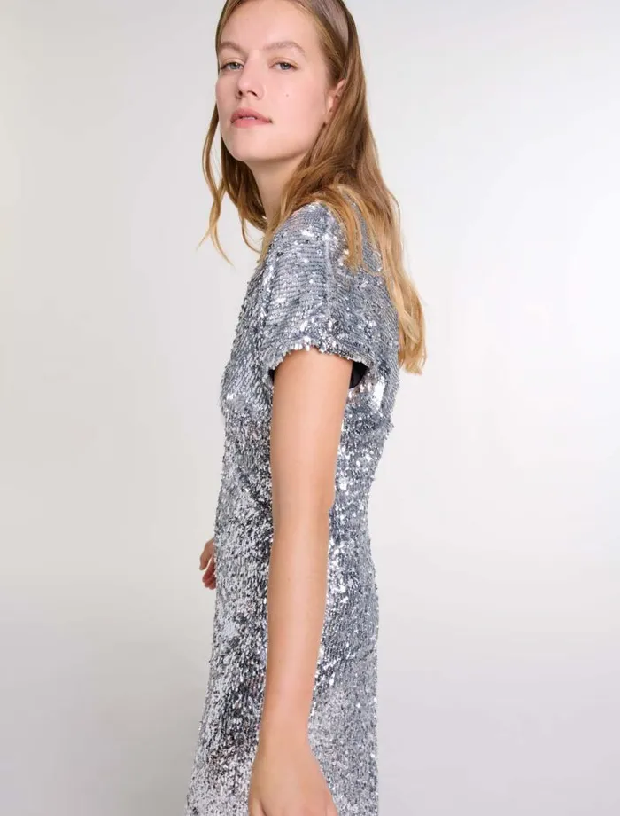 Maje Dresses Womens Sequin Maxi Dress Silver