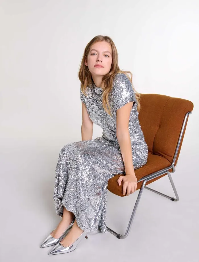 Maje Dresses Womens Sequin Maxi Dress Silver