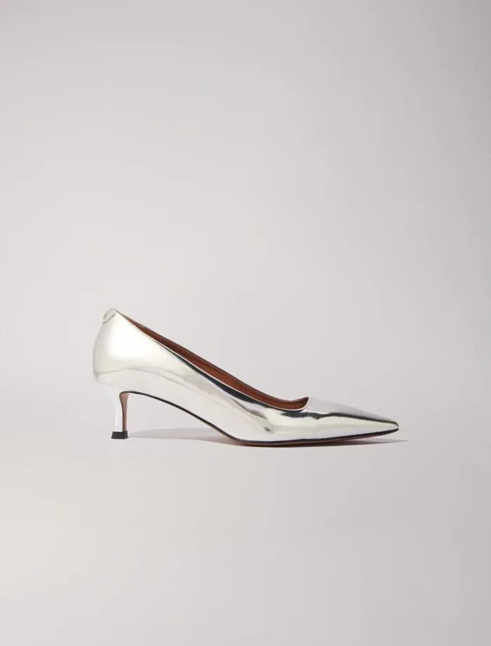 Maje Kitten Heels Womens Pointed Mirrored Leather Pumps Silver