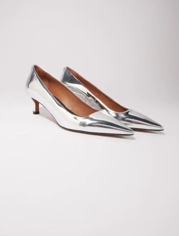 Maje Kitten Heels Womens Pointed Mirrored Leather Pumps Silver