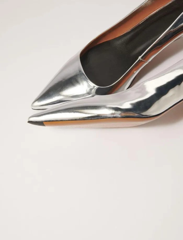 Maje Kitten Heels Womens Pointed Mirrored Leather Pumps Silver