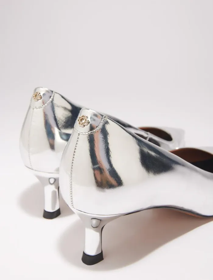 Maje Kitten Heels Womens Pointed Mirrored Leather Pumps Silver