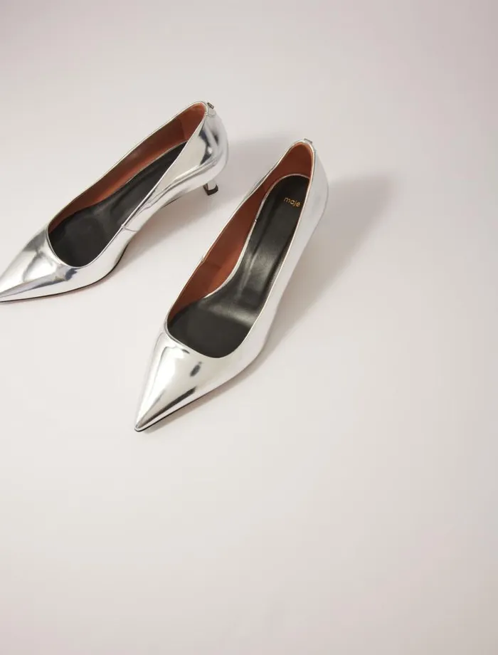 Maje Kitten Heels Womens Pointed Mirrored Leather Pumps Silver