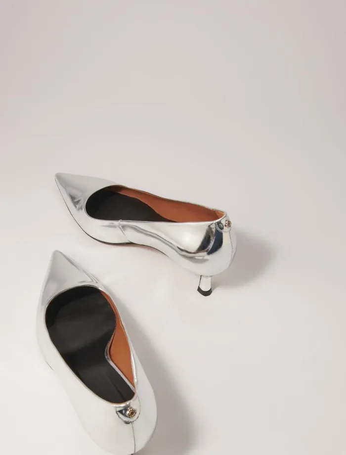 Maje Kitten Heels Womens Pointed Mirrored Leather Pumps Silver