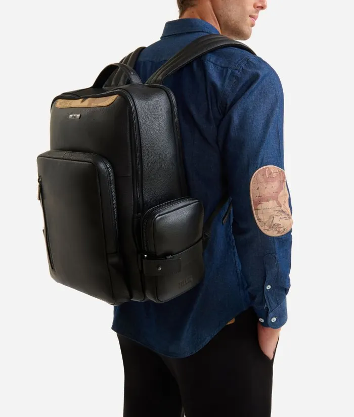 Man Backpacks and Belt Bags Alviero Martini Beta Leather Large Computer Backpack Black