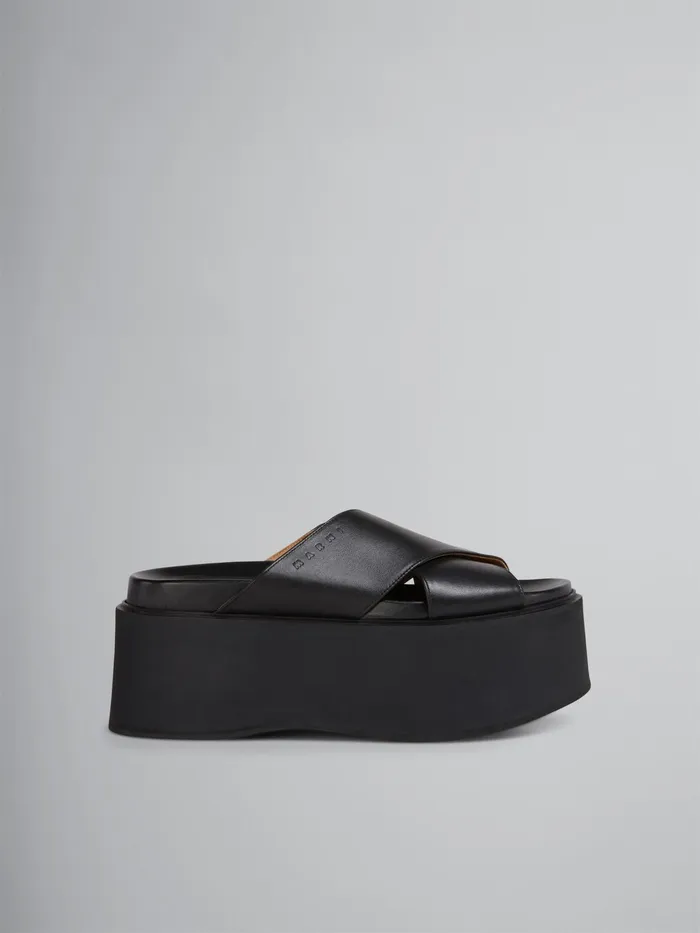 Marni Crisscross Wedge In Calf Leather Black Womens Sandals and Wedges