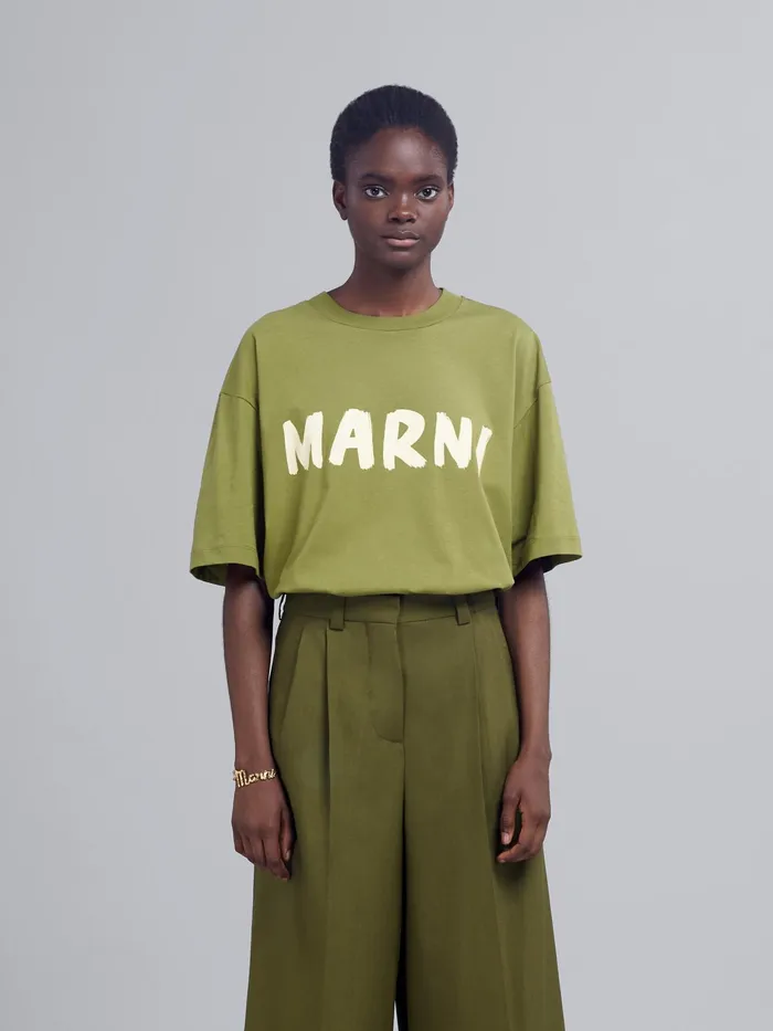 Marni Green Logo Print Bio Jersey Tshirt Dusty Olive Womens Sweatshirts and TShirts Marni Green Logo Print Bio Jersey Tshirt Dusty Olive Womens Sweatshirts and TShirts