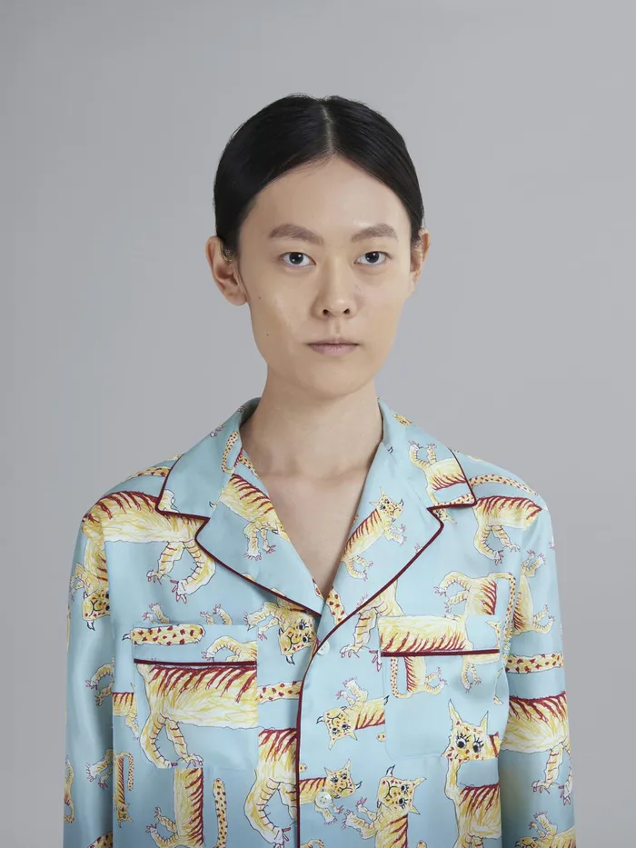 Marni Naif Tiger Print Silk Twill Shirt Arctic Womens Tops and Shirts Marni Naif Tiger Print Silk Twill Shirt Arctic Womens Tops and Shirts