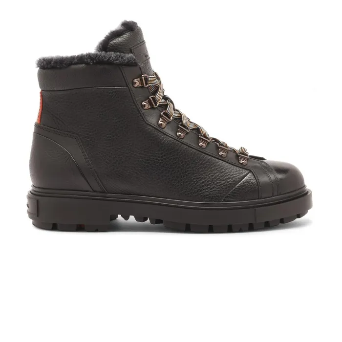 Men Black Tumbled Leather Hiking Boot With Fur Santoni Boots