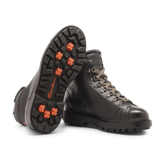 Men Black Tumbled Leather Hiking Boot With Fur Santoni Boots