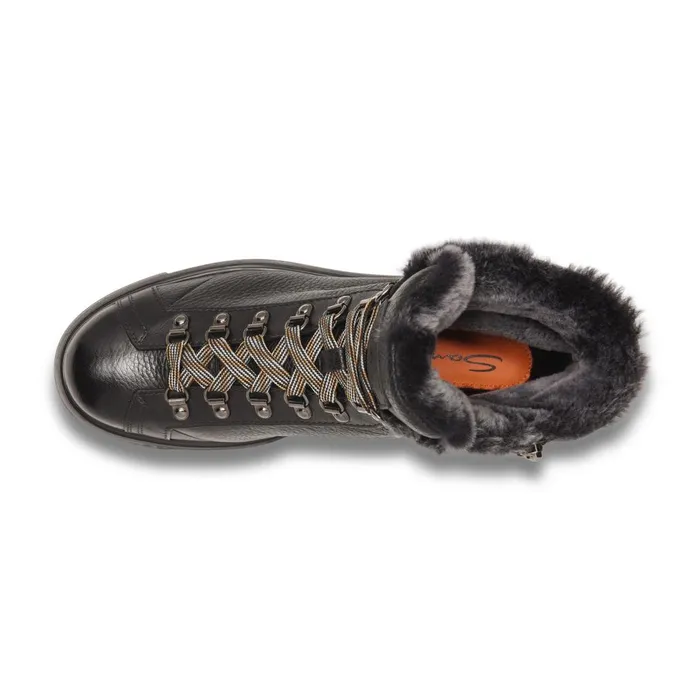 Men Black Tumbled Leather Hiking Boot With Fur Santoni Boots