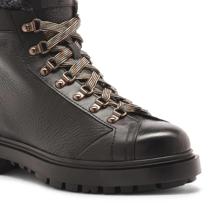 Men Black Tumbled Leather Hiking Boot With Fur Santoni Boots