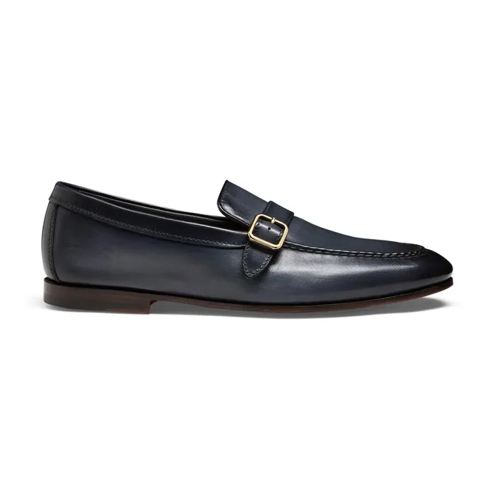 Men Blue Leather SingleBuckle Loafer Santoni Loafers