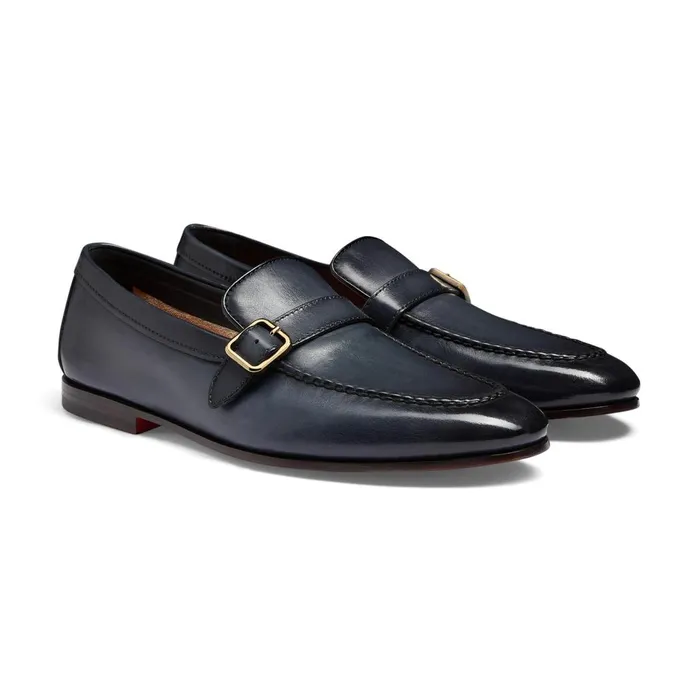 Men Blue Leather SingleBuckle Loafer Santoni Loafers