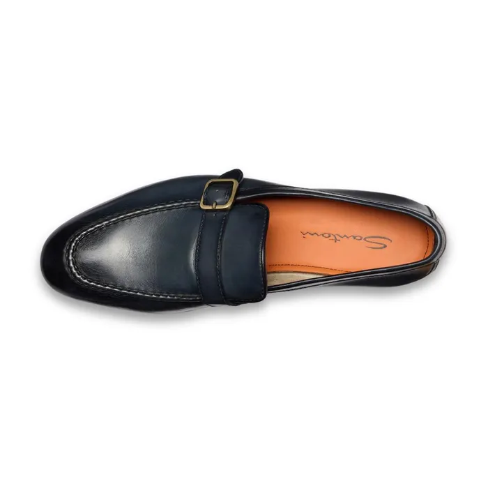 Men Blue Leather SingleBuckle Loafer Santoni Loafers