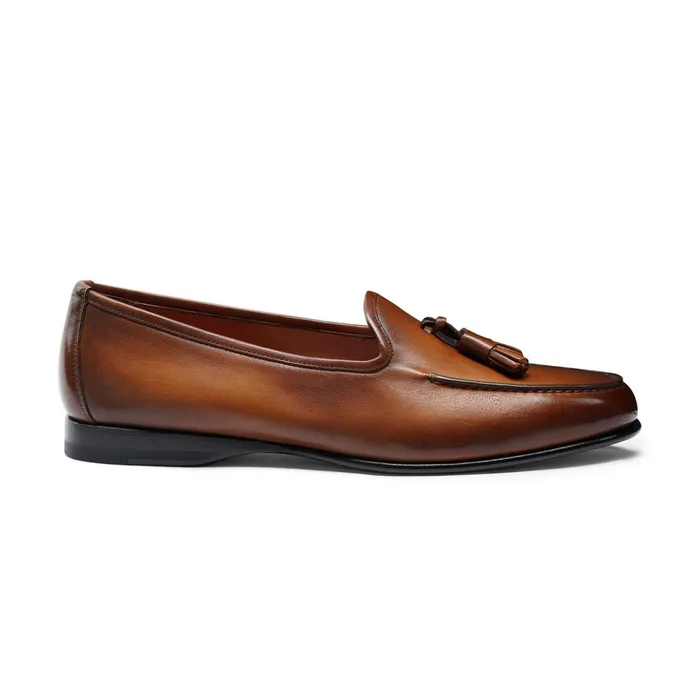 Men Brown Leather Andrea Tassel Loafer Santoni Loafers