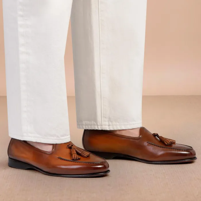 Men Brown Leather Andrea Tassel Loafer Santoni Loafers